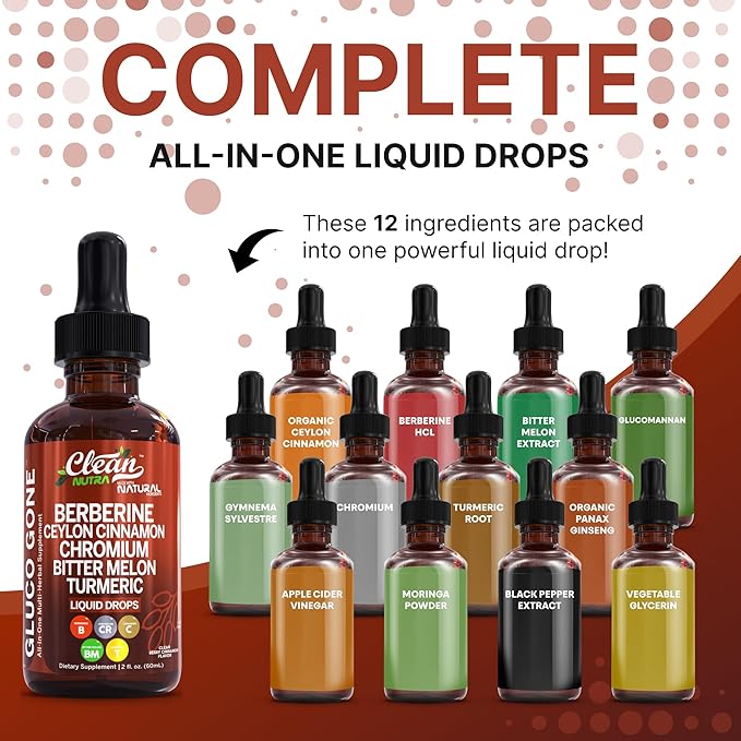 Clean Nutra Berberine with Ceylon Cinnamon Supplement Liquid Drops + Bitter Melon Extract, Glucomannan, Gymnema, Chromium, Turmeric, Organic Panax Ginseng, Moringa GLP-1 Support
