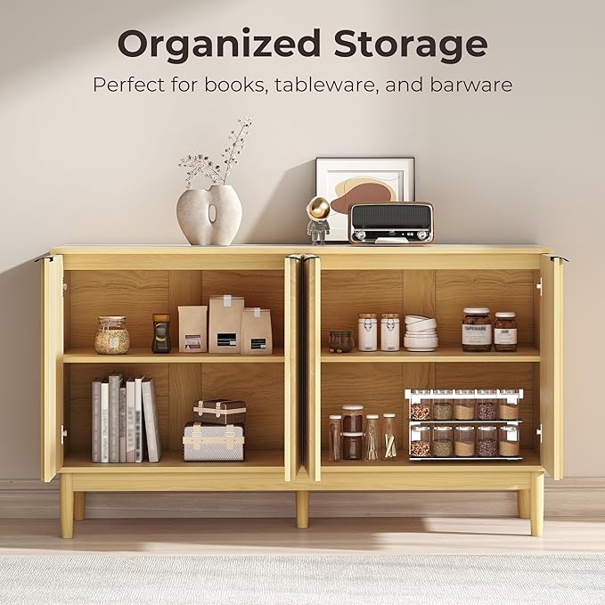 Fluted Cabinet with Storage, Buffet Cabinet Sideborad with 4 Doors, Natural Buffet Storage Accent Cabinets with Adjustable Shelves for Living Room, Entry, Hallway, Kitchen