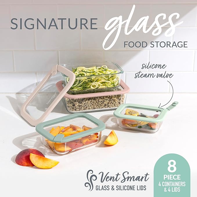 Bentgo Signature Leak-Proof Glass Food Storage - 8-Piece Set, 1-Compartment Plastic-Free Containers with Airtight Glass Lids, BPA-Free, Microwave, Freezer, Oven & Dishwasher Safe (Desert Sage)