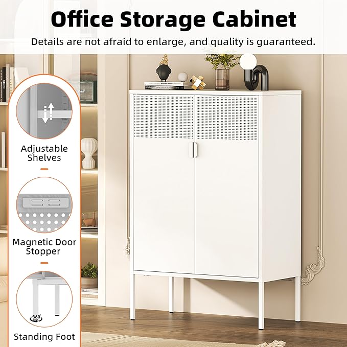 Metal Storage Cabinet,2 Door TV Stand, Metal Mesh Accent Cabinet,Magnetic Door Closure,Low Storage Cabinets with Doors and Shelf for Home,Office,Living Room