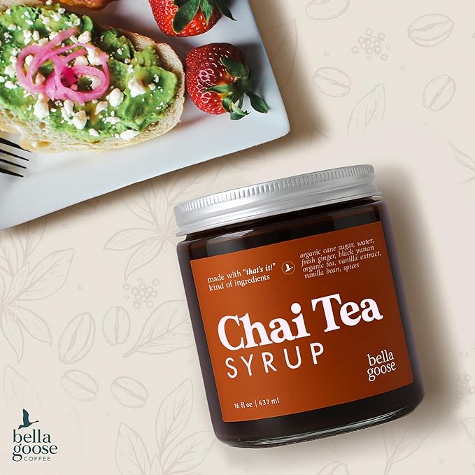 Bella Goose Chai Tea Syrup for Coffee (16oz) - Homemade Chai Tea Latte Syrup with Pure Cane Sugar, Vanilla & Spices - Clean Ingredient - No Artificial Flavors, Oils or Dyes Syrups for Coffee Drinks
