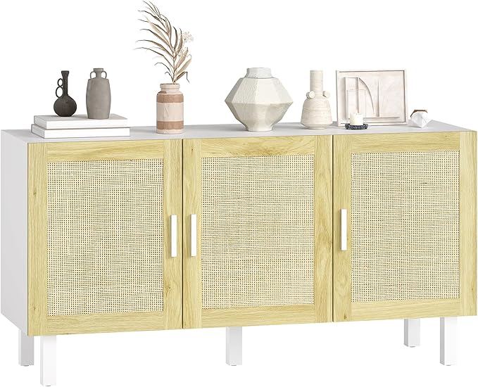HOMCOM Boho Sideboard Buffet Cabinet, Coffee Bar Cabinet with 3 Rattan Doors and Adjustable Shelves for Kitchen, Living Room, White and Natural