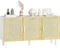HOMCOM Boho Sideboard Buffet Cabinet, Coffee Bar Cabinet with 3 Rattan Doors and Adjustable Shelves for Kitchen, Living Room, White and Natural