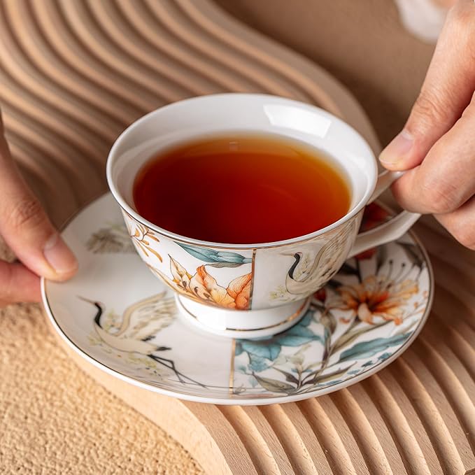 Brew To A Tea Floral Porcelain Tea Cups Set of 4, 8 oz, Cup & Saucer Sets, Tea Cup Set of 4