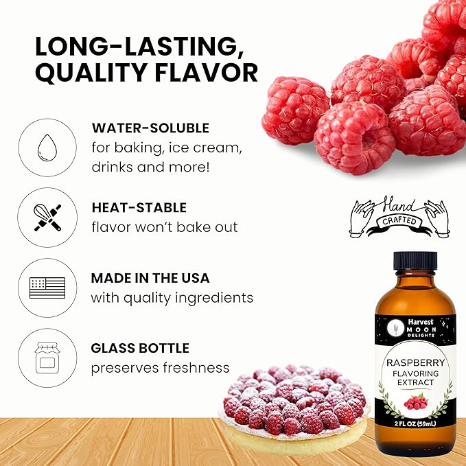Natural Raspberry Extract - 2 oz - Water-Soluble - By Harvest Moon Delights - Raspberry Extract for Baking, Ice Cream, Drinks, and Candy - Flavoring, Flavor - Sugar-Free