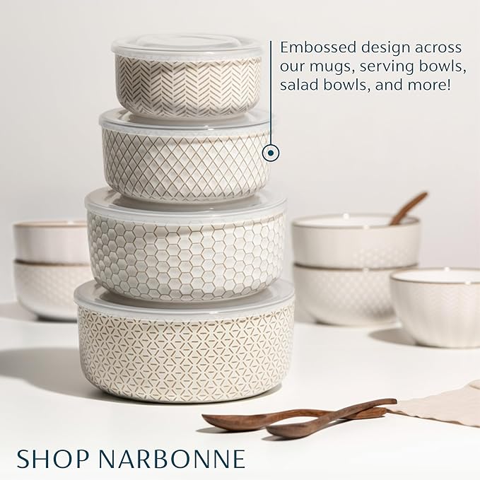 KooK Mixing Bowls, with Lids, Ceramic Nesting Bowls. Space Saving, Set of 4, Embossed, Kitchen, Prep, Stackable, Mix, Gift, Microwave and Dishwasher Safe, 16/29/47/70 oz, Narbonne Collection (Ivory)
