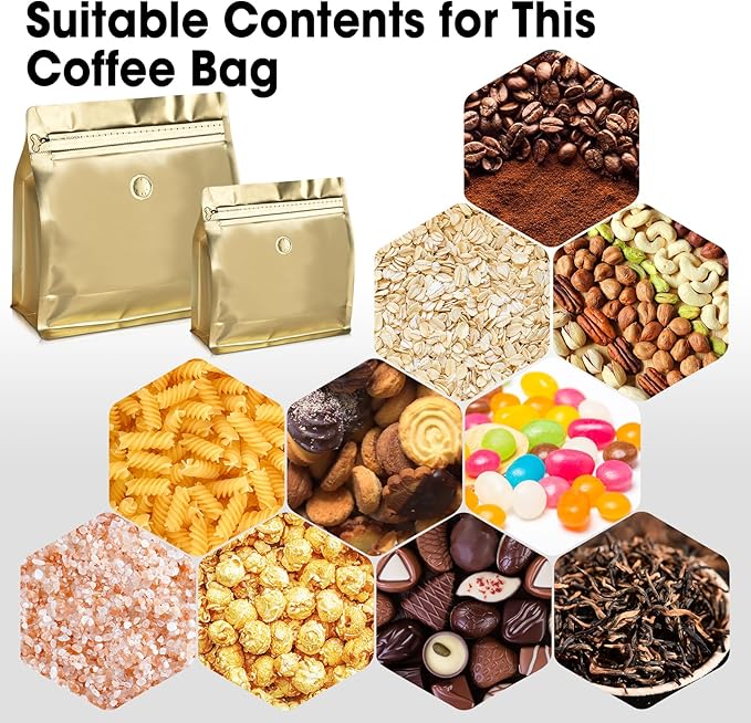 50 Count 8oz Coffee Bags with Valve,1/2 lb Vented Coffee Beans Packaging Bags High Barrier Aluminumed Foil Flat Bottom Heat Sealed Side Zipper Resealable Storage Bag for Home or Business（Gold）