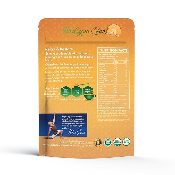 MoreLife Market Cozy Calm Tea | Herbal Infusion with Lemongrass, Tulsi & Licorice | Supports Meditation, Relieves Vata & Pitta | Ayurvedic Tea for Relaxation & Gut Balance - 8oz (230g)