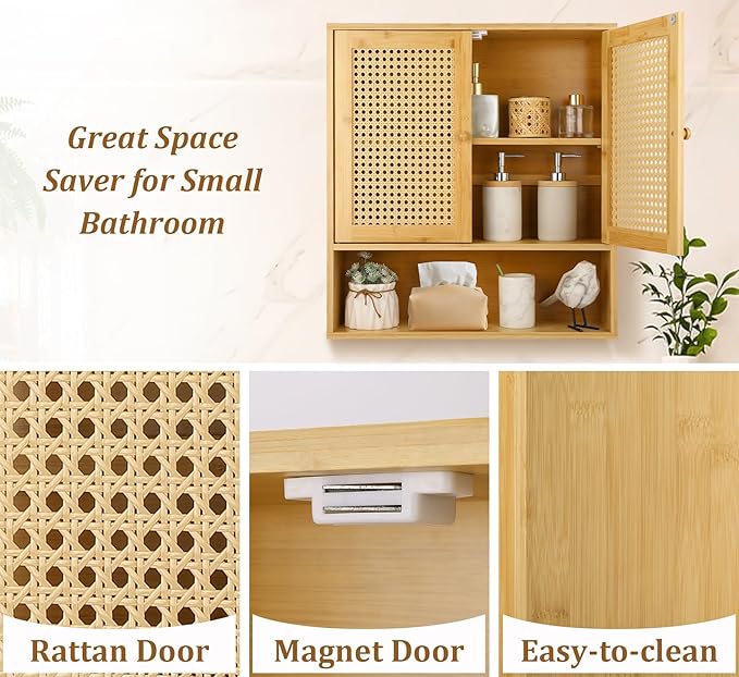 Bamboo Cabinet Wall Mount, Rattan Medicine Cabinet with Shelves and Doors, Wall Cabinet Above Toilet, Storage Organizer for Laundry Room, Kitchen, Living Room