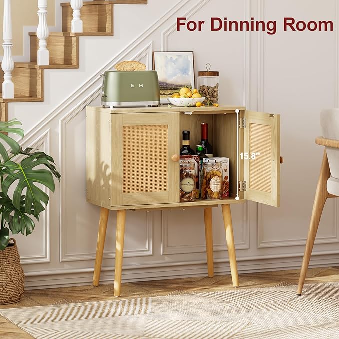 Sideboard Buffet Kitchen Storage Cabinet , Small Coffee Bar Cabinet with Rattan Doors and Tall Solid Wood Legs, Boho Accent Media Console Credenza Cabinet for Entryway,Living Room,Kitchen, Small Space
