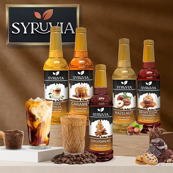 Syruvia Syrup Coffee Flavors Variety Pack: Caramel, French Vanilla, Vanilla & Hazelnut - 25.4 fl oz bottles - Elevate Your Coffee Experience! (Pack of 4)