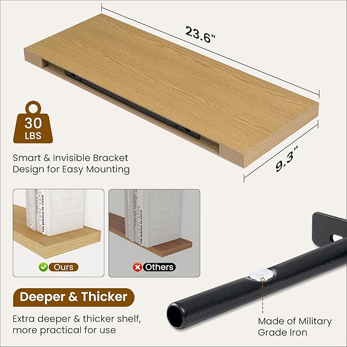 Fun Memories 24 Inch Floating Shelves for Wall, 9 Inch Deep Oak Rustic Wood Wall Mounted Shelves for Bathroom, Kitchen, Living Room, Set of 2