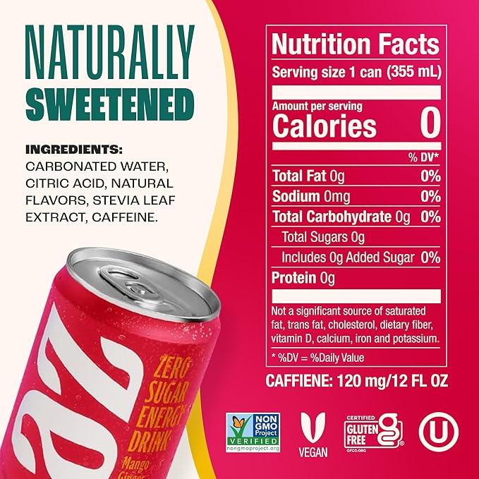 Zevia Zero Sugar Energy Drink, Mango Ginger, 12 oz Cans (12-Pack) – Naturally Sweetened, Zero Calorie Sugar Free Energy - Non-GMO Project Verified, Gluten-Free, Vegan