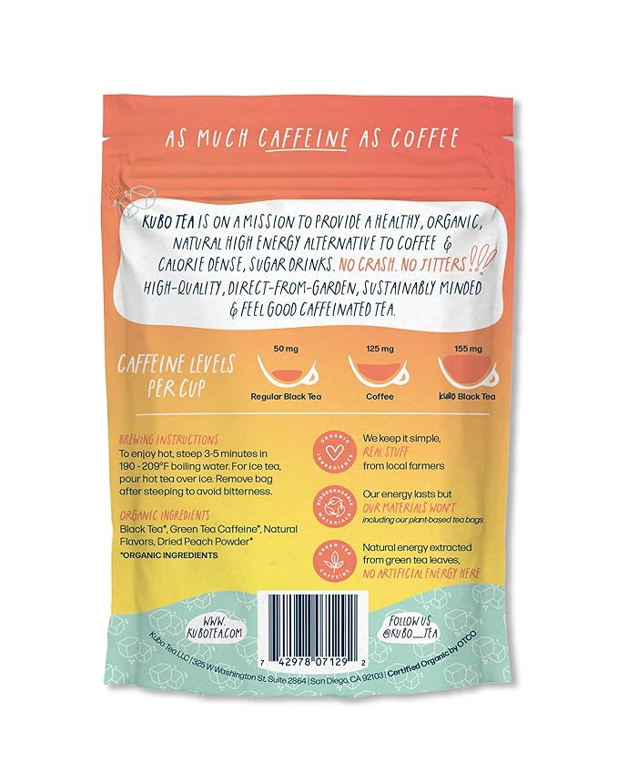 High Caffeine Iced Tea (155 mg) - Kubo Tea: Organic Peach Mango Black Tea Bags for Clean Energy & Focus | Healthy Coffee Substitute | High Energy Iced Blend | 20 Ct | Compostable Packaging
