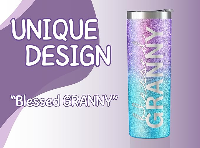 Onebttl Christian Grandma Gifts for Mother's Day, 20oz Purple & Blue Glitter Skinny Tumbler, Straw & Lid Included, Granny Gifts - Blessed Granny