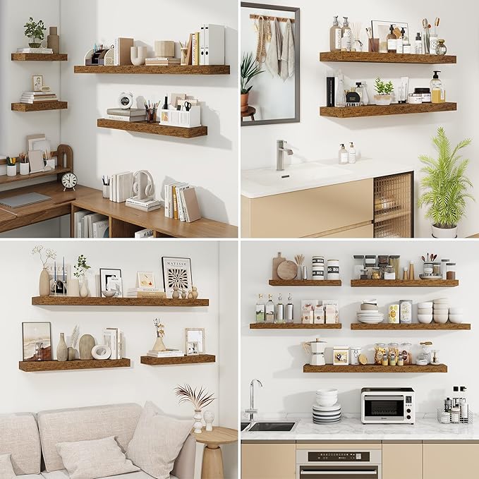 fuqing Floating Shelves for Wall, Wall Mounted Wood Floating Shelf with Invisible Brackets for Living Room, Bathroom, Bedroom, Kitchen Storage and Decor, 30 Inch Set of 2, Rustic Brown