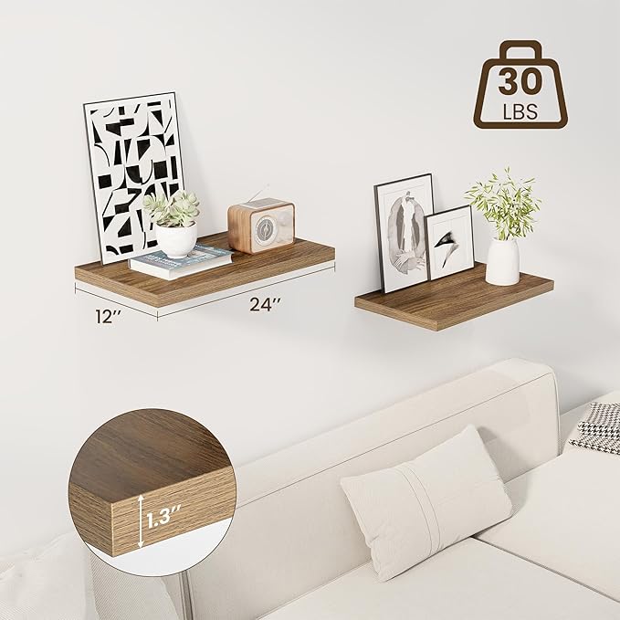 Dreamland 24" Floating Shelves for Wall, 12" Deep Slim Walnut Floating Shelves, Wall-Mounted Shelves for Bedroom, Living Room, Kitchen, Bathroom - Set of 2