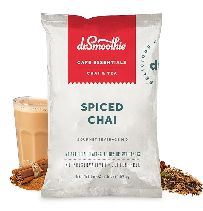 Dr. Smoothie Café Essentials Spiced Chai – No Artificial Colors, Flavors, or Sweeteners – Shelf Stable – 116mg of Caffeine per Serving – Great for Hot, Iced, & Frozen Frappes (3.5 lb Bag, 26 Servings)