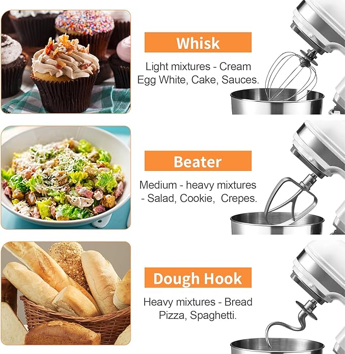 4.8QT Stand Mixer, 12-Speed Electric Kitchen Mixer with Tilt-Head, Stainless Steel Bowl, Egg Whisk, Dough Hook & Beater – Lightweight, Compact for Small Kitchens (White)