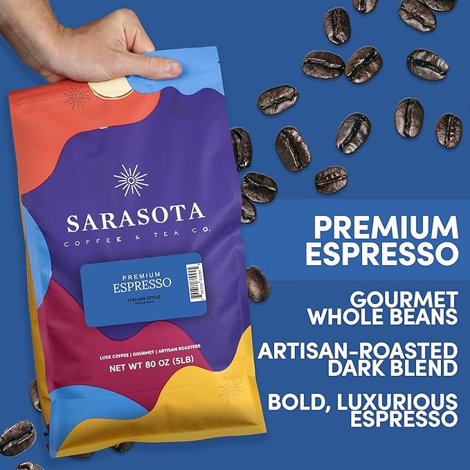 Sarasota Coffee Whole Bean Espresso | Dark Roast Gourmet Coffee Beans | Low Acid, Mold Free, Specialty Grade Bulk Beans | 5lb (80 oz)