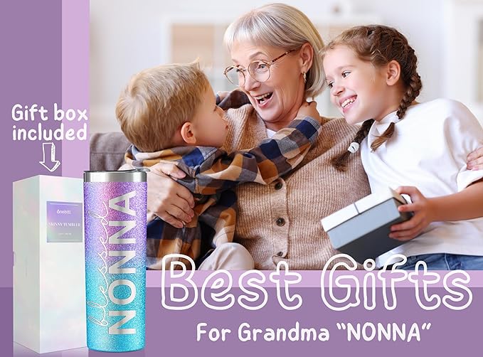 Onebttl Christian Grandma Gifts for Mother's Day, 20oz Purple & Blue Glitter Skinny Tumbler, Straw & Lid Included, Nonna Gifts - Blessed Nonna