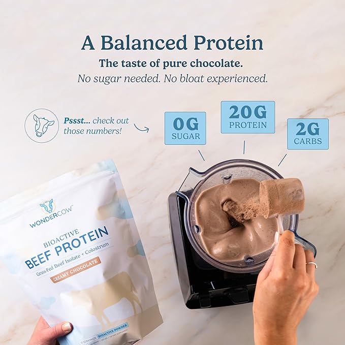 WONDERCOW Beef Protein Isolate Powder w/Bovine Colostrum Supplement | Clean, 100% Grass Fed, Carnivore, Keto Friendly | Gluten Free | Helps Build Lean Muscle | 20g of Protein, 30 Servings, Chocolate