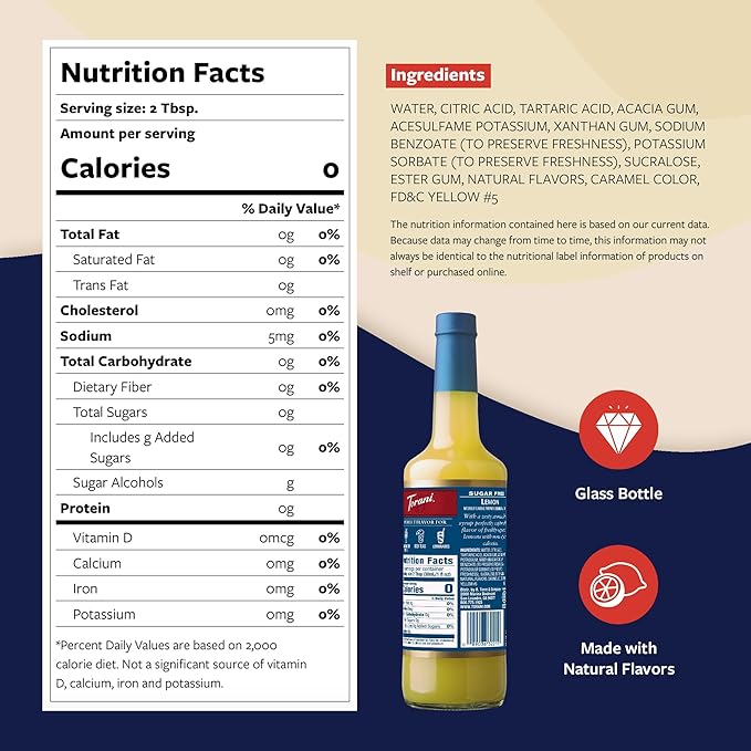 Torani Sugar Free Syrup, Lemon Flavoring for Drinks, Zero Calorie, Glass Bottle with Pump Included, 25.4 Fl Oz
