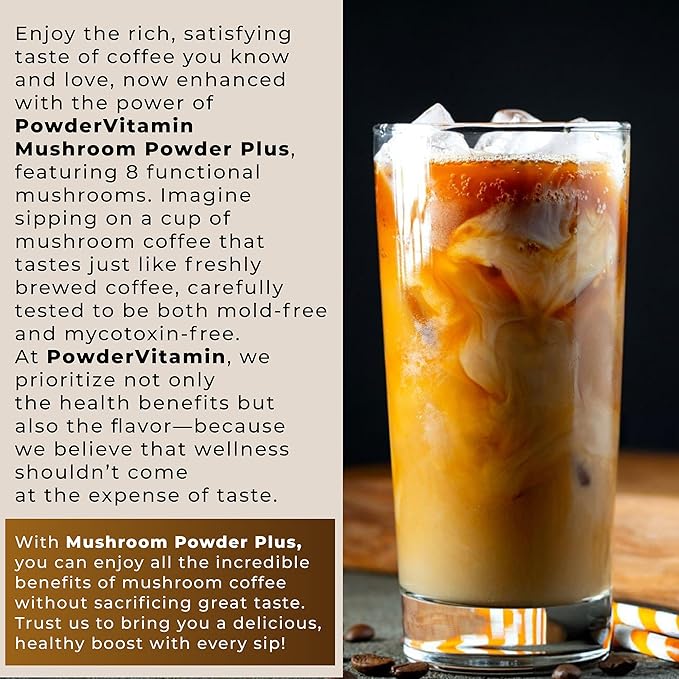 PowderVitamin Organic Mushroom Coffee Certified Mold & Mycotoxin Free GrassFed Collagen Types I & III 8 Fruiting Body Mushrooms Tested for BetaGlucans Focus Energy Digestion & Immunity 15 Servings