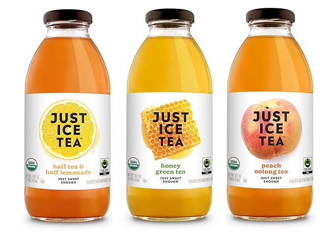 Just Ice Tea Organic Iced Tea, 3 Flavor Variety, 16 Fl Oz Glass Bottles (Pack of 6)
