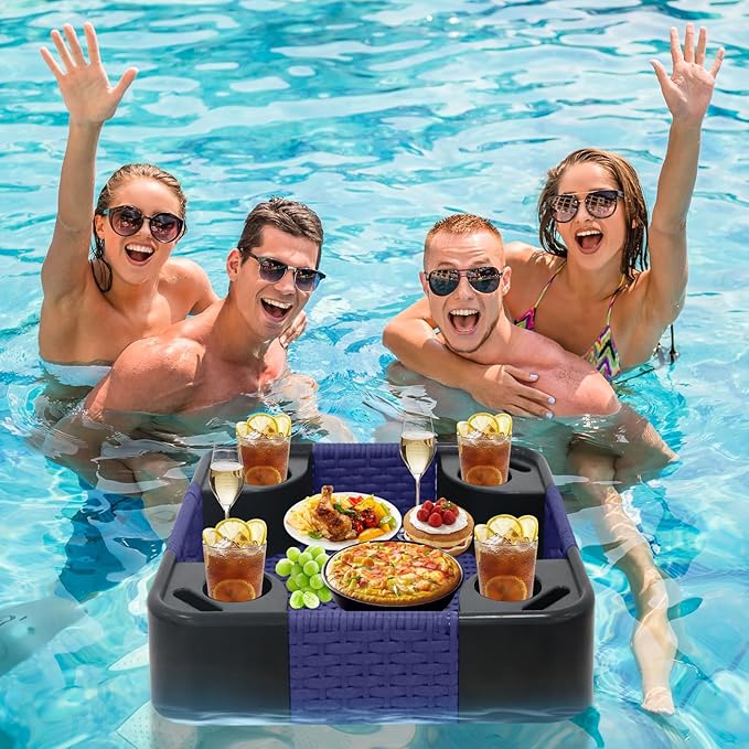 COOS BAY 24''x24'' Square Floating Drink Holder for Pool and Hot Hub, Large Floating Serving Tray with Handles, Wicker Floating Pool Tray for Food and Drinks, Blue