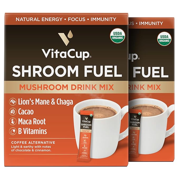 VitaCup Shroom Fuel, Mushroom Based Instant Coffee Alternative Packets, Mushroom Coffee Substitute w/Cacao, Cinnamon, Chaga, Lions Mane, & Maca for Energy, Immune Support, & Focus, 48 ct
