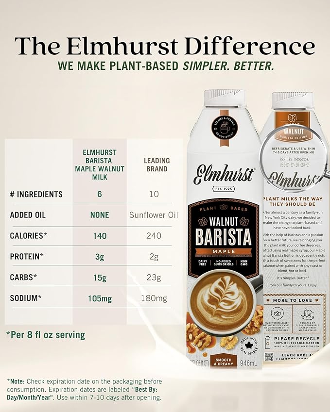 Elmhurst 1925 Maple Walnut Milk Barista Edition – 32 Ounce (Pack of 6) Plant-Based, Extra Creamy, Vegan, Dairy-Free, Non-GMO, Kosher, Sweetened with Real Maple Syrup for Flavorful Lattes & Iced Drinks