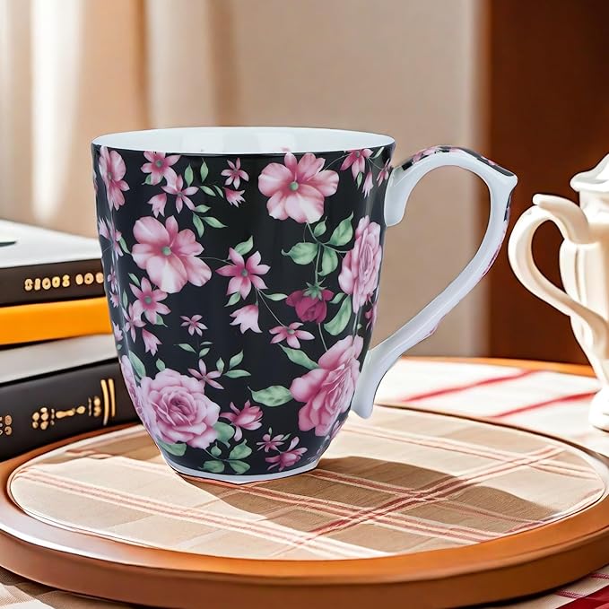 14oz Bone China Coffee Mugs for Women Floral Coffee Mug Tea Cups Novetly Coffee Cups Gift for Women Mom Friends