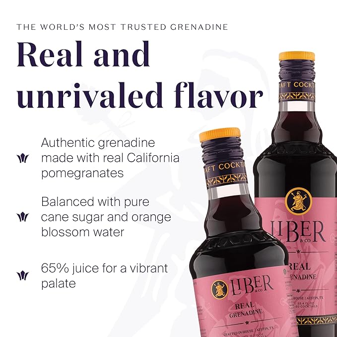 Liber & Co. Real Grenadine Syrup - Drink and Cocktail Mixer with 65% Cold-Pressed Pomegranate Juice & Orange Blossom Water - All Natural, No Dyes - Essential for Tequila Sunrise, Shirley Temples, Sodas & Classic Cocktails (12.7 oz)