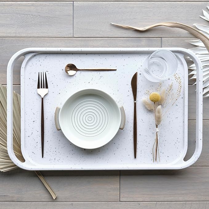 LINE+ARC Waterproof, Easy-to-Clean, 18"x12" Serving Tray Extra Large Handles (Bone) 100% Food-Grade Melamine for Breakfast, Dinner, Bed, Tea, Crafts, Decorative, TV, Couch, Outdoor, Patio