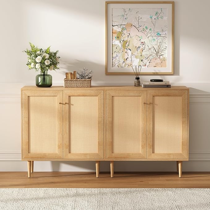 Accent Storage Cabinet Sideboard with Rattan Doors, Boho Buffet Kitchen Bar Cabinet Farmhouse Credenza Cabinets with Adjustable Shelves for Dining Room (Square Doors/Oak)