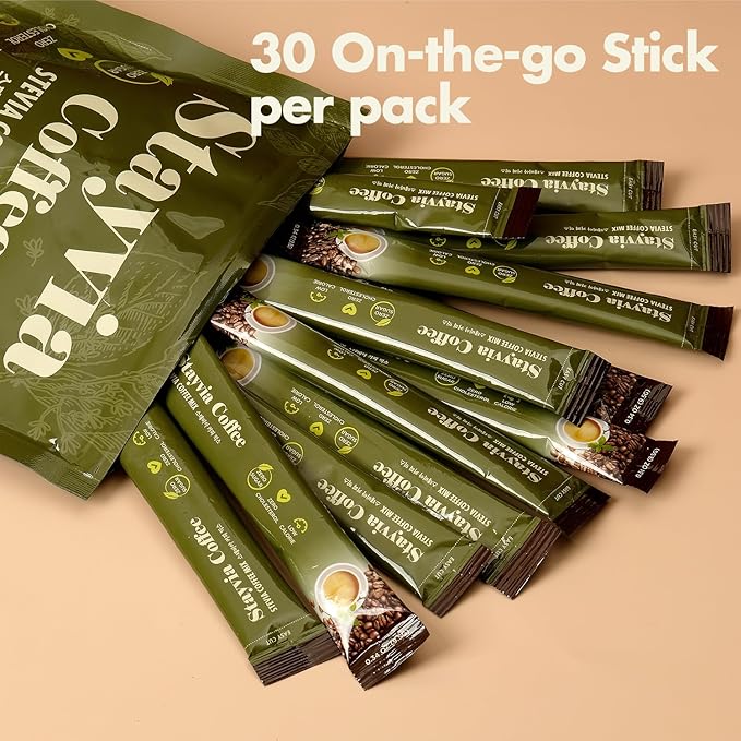 STAYVIA COFFEE Stevia Instant Coffee Packets - Korean Instant Latte with Sugar-Free & Low Calories - 60 Sticks (0.33oz) - Plant-Based Sweetener - Enjoy Caffeine Hot & Cold at Office, Home & Travel