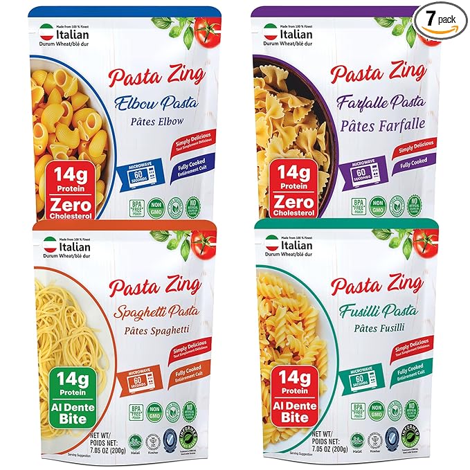Pasta Zing Microwavable Variety Pasta Pack of 7 | 2x Farfalle | 3x Spaghetti, 1x Fusilli Pasta, 1x Elbow | Microwave Pasta Ready To Eat in 60 Sec - Fully Cooked -100% Durum Wheat 7.05 Ounce