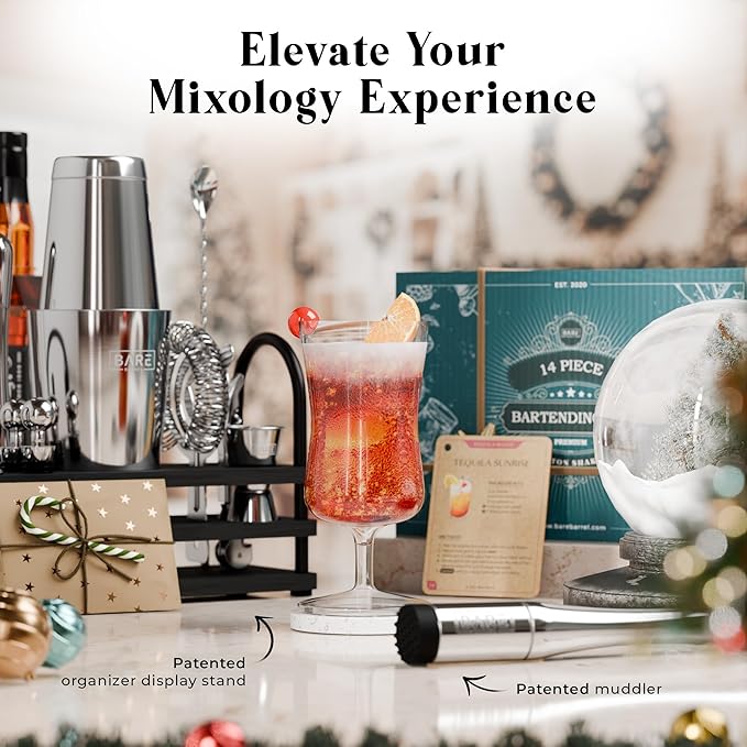 BARE BARREL® Mixology Bartender Kit Bar Set | 14-Piece Cocktail Shaker Set | Martini Barware Mixing Tools for Home Bartending | 35 Recipe Cards | Gift Set (28oz Boston Shaker, Silver/Black)