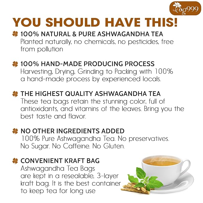 TOG999, Premium 120 Ashwagandha Root Tea Bags, 100% Natural & Pure from Ashwagandha Root. No Sugar, No Caffeine, No Gluten, Vegan.