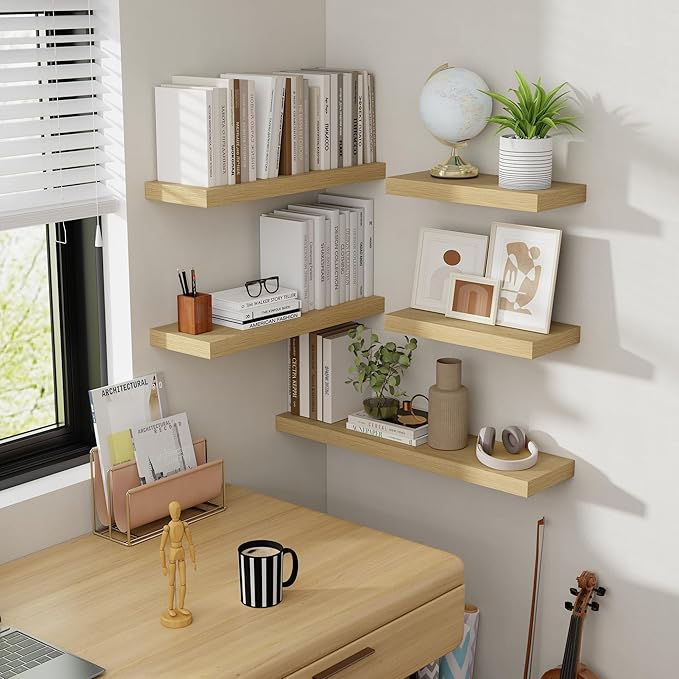 30 Inch Floating Shelves, 8 Inch Deep Floating Shelves for Wall, Hanging Shelf with Invisible Brackets, Deep Shelves for Bathroom, Bedroom, Living Room, Oak, Set of 2