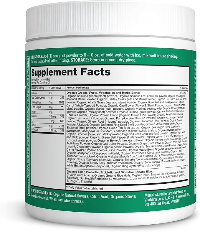 Zena Nutrition Organic Super Greens Powder, 70+ Superfoods, 0 Sugar, 3G Fiber, Spirulina, Chlorella, Mushrooms, Prebiotics/Probiotics, Digestive Enzymes for Gut Health, Green Apple, 30 Servings