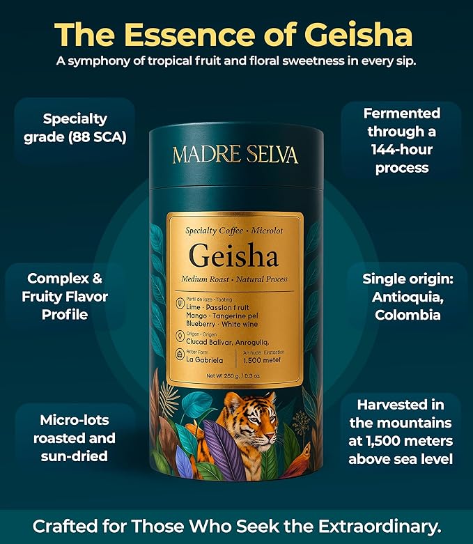 Colombian Geisha Coffee Whole Bean Medium Roast Arabica Gourmet Fresh Single Origin Premium Low Acid Exotic Notes Rich Aroma Smooth Flavor Quality High Altitude Giftable Pack Freshness Lock 8.8oz 250g