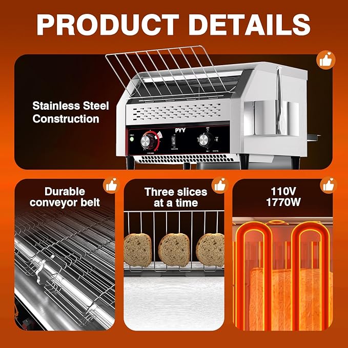 PYY 450 Slices/Hour Commercial Conveyor Toaster - Heavy Duty Stainless Steel Electric Belt Toaster for Bun/Bagel/Bread, Restaurant & Buffet Use