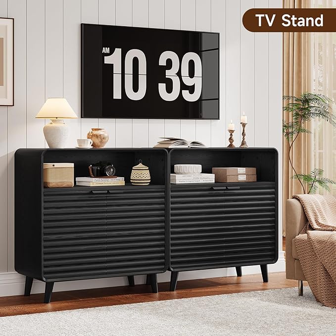ONBRILL 31.5" Sideboard Buffet Cabinet with Storage, Curved Sideboard with 2 Wave Doors and Angled Side Frame, Small Storage Cabinet with Adjustable Shelves, Coffee Bar Cabinet for Dining Room, Blcak