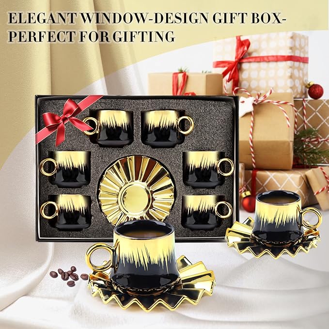 Goldmeet 6-Piece Turkish Coffee Cup Set, 3.5oz Elegant Ceramic Tea Cups with Saucers for Cappuccino Latte, Espresso Cup Set with Gift Box for Home & Cafe Use, Black Gold Luxury Design
