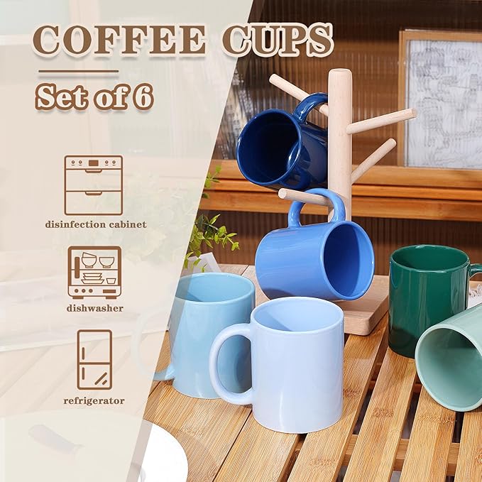 Multi-Coloured Ceramic Mugs Set of 6-11.2 oz / 330ml -Coffee Mugs-Cappuccino-Tea Cups- Hot Chocolate Cups (Cool Color, Large)