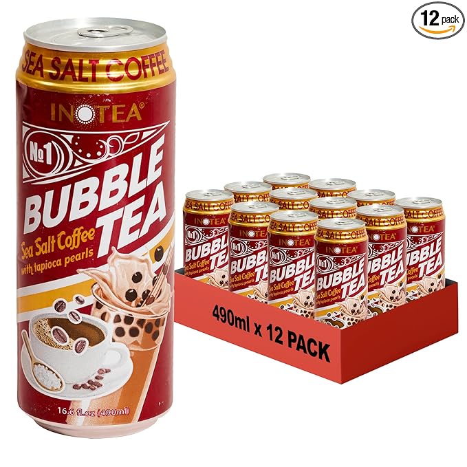 Inotea Bubble Tea with Tapioca Pearls - Delicious, Instant Boba Tea - Ready-to-Drink Black Milk Tea - Comes in Large 16.6 oz Cans - Enjoy Real Boba Without the Long Lines - Sea Salt Coffee - 12 pack
