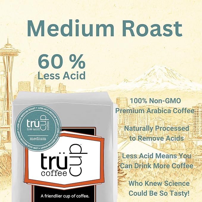 trücup Low Acid Coffee, Whole Bean Coffee Medium Roast 12 Oz, Natural Water&Steam Process (60% Less Acid), Smooth Flavor, Stomach-Friendly Rich in Antioxidants