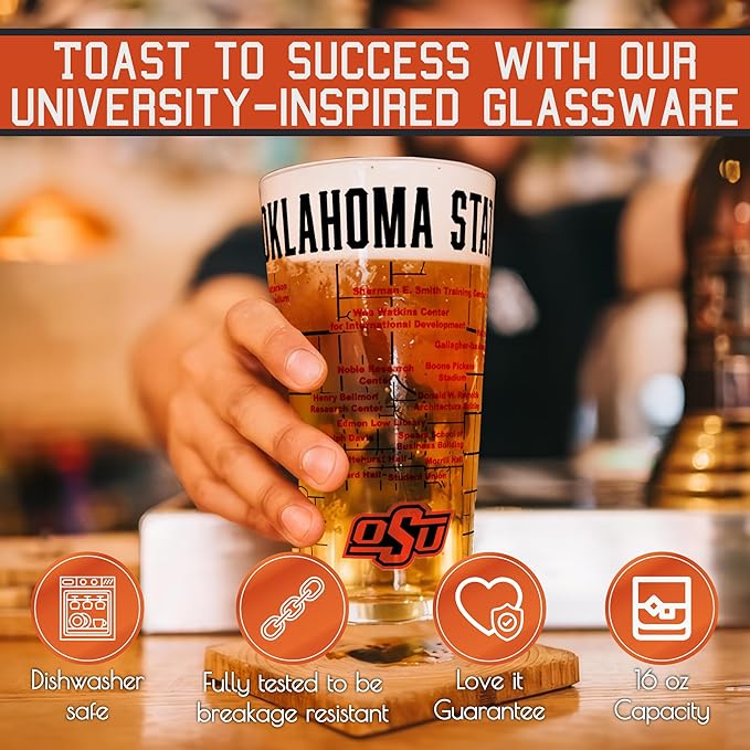 Greenline Goods – Oklahoma State University Cowboys College Pint Beer Glasses (Set of 2), 16 oz – Full-Color Logo + Campus Map